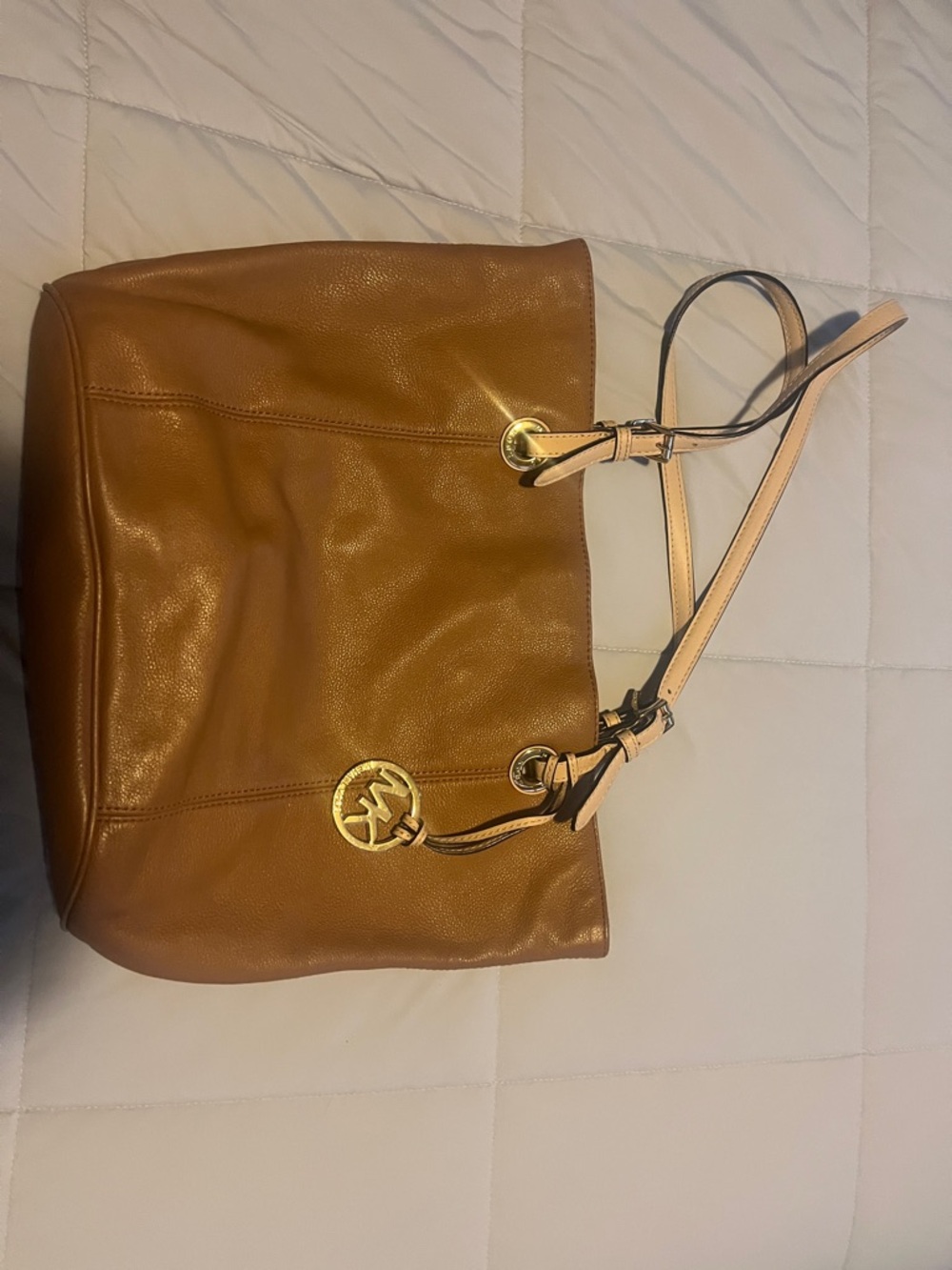 Michael Kors Cognac Brown Leather Shoulder Tote with Gold Logo